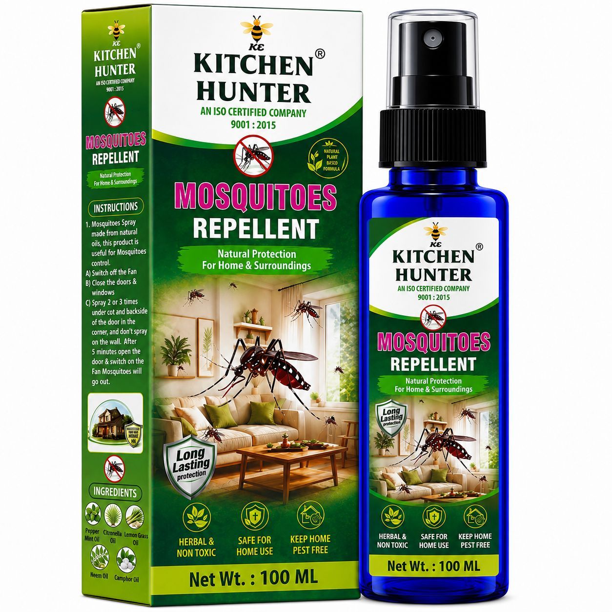 Kitchen Hunter Mosquito Repellent Spray 100ml for Home & Indoor Spaces | Easy-to-Use Household Spray